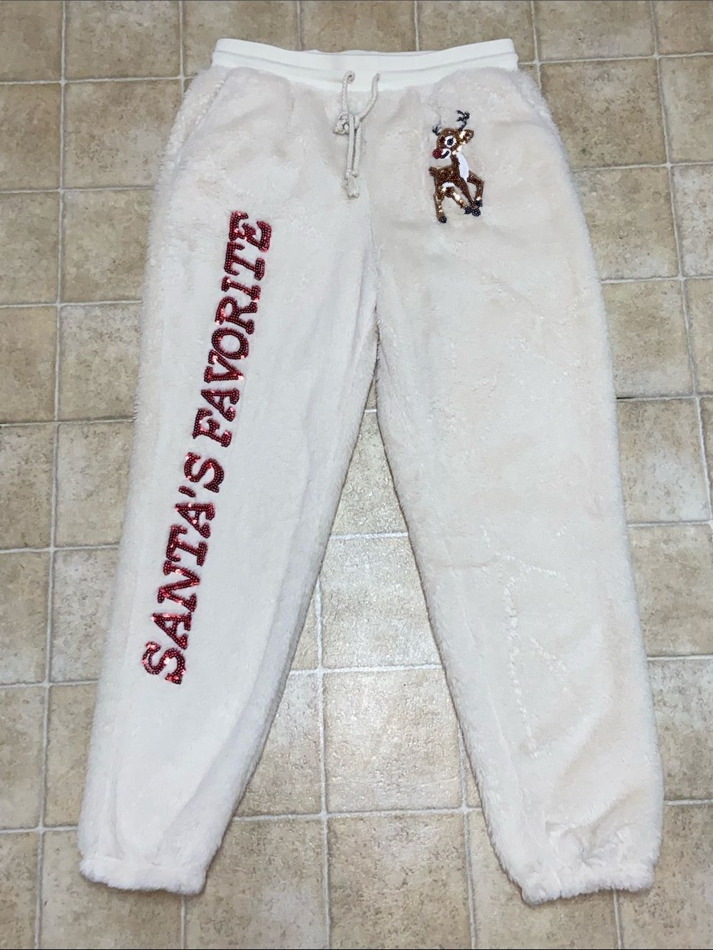 No Boundaries Cream Plush 'Santa's Favorite' Jogger Pants with Reindeer Accent